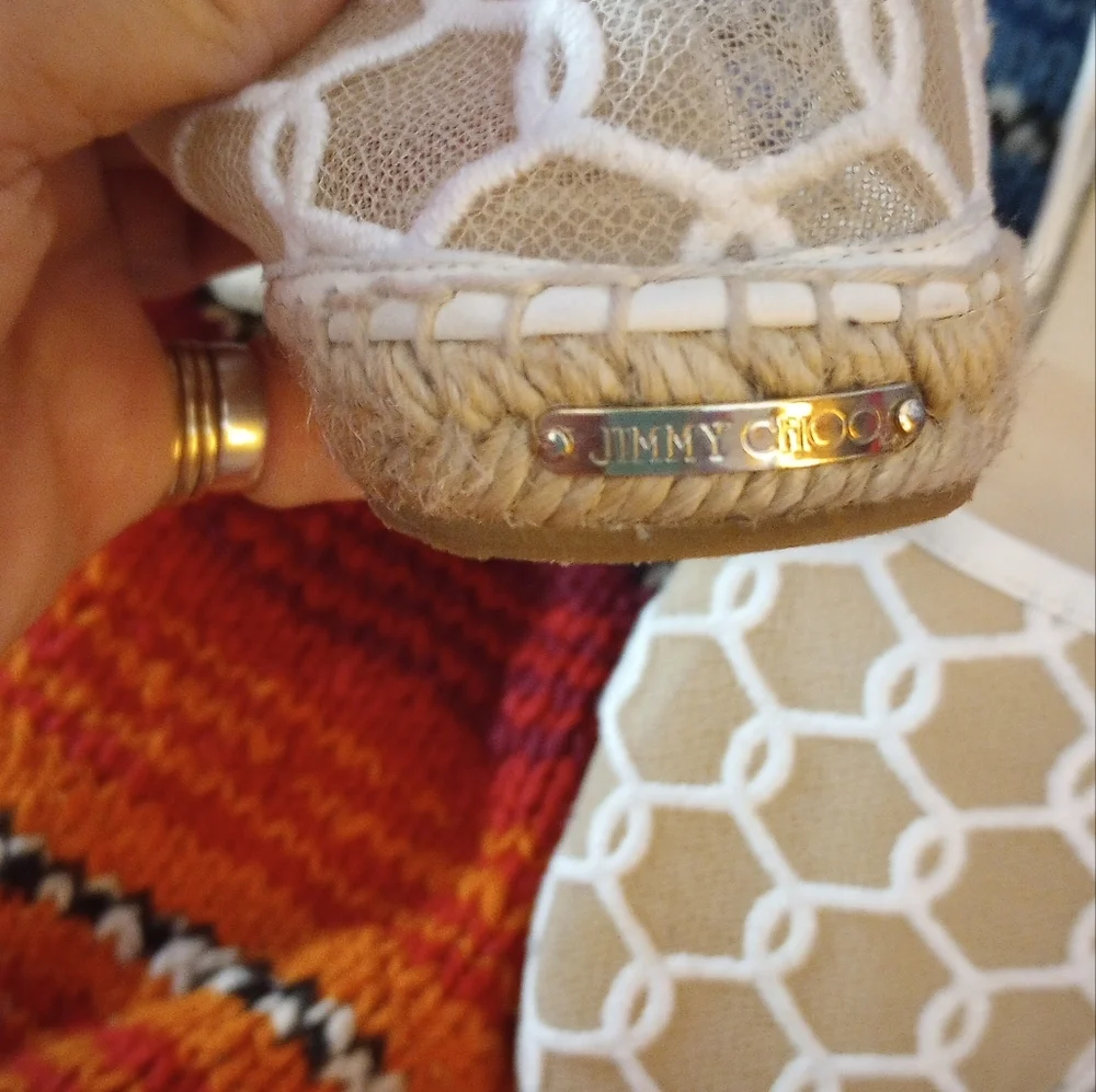 Jimmy Choo White Embroidered Mesh Dreya D'orsay Flat Espadrilles Size 40 1/2